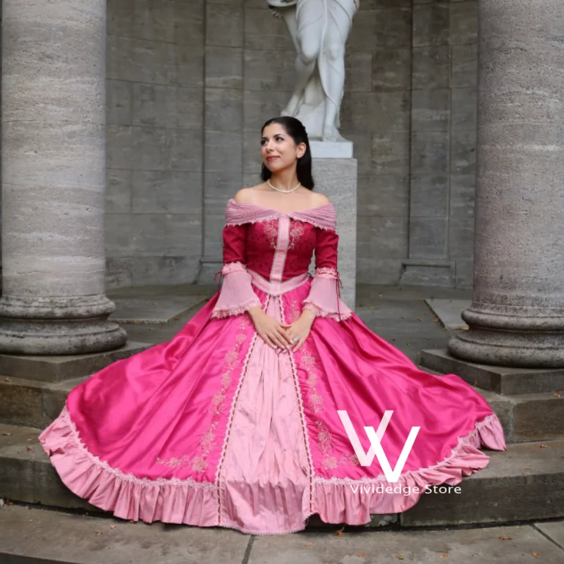 Victorian Pink Prom Dress Off-the-Shoulder Princess Satin Embroidered A-line Special Occasion Costume Evening Gown Customized