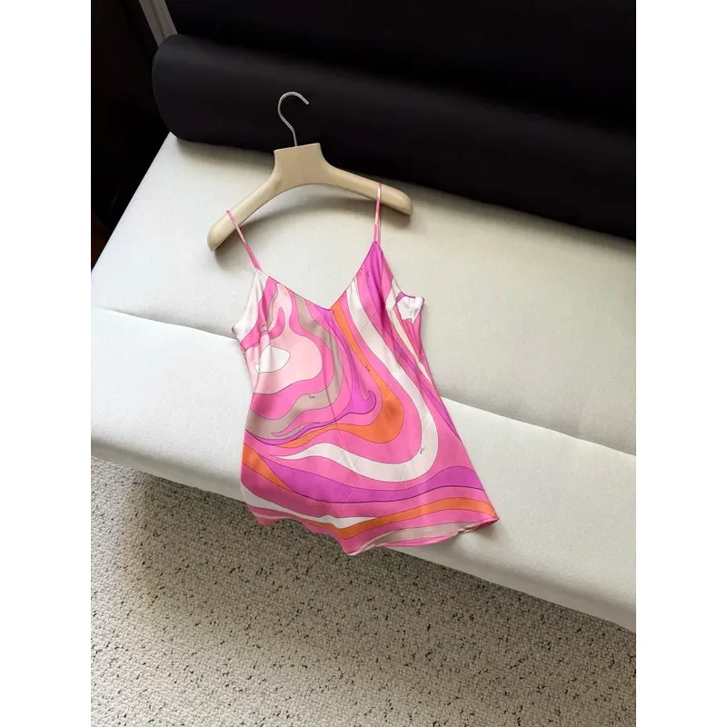 2026 Women Peachy Pink Vortex Pattern Printed Silk Camisole Top+Elastic Waist Silk Shorts