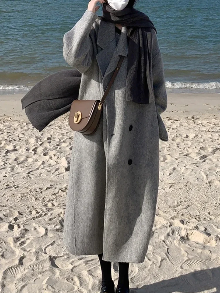 

2025 Winter Thick Warm Woollen Coats Women Double Breasted Chic Loose Long Trench Jacket Female Fashion Korean Casual Jacket Y2k