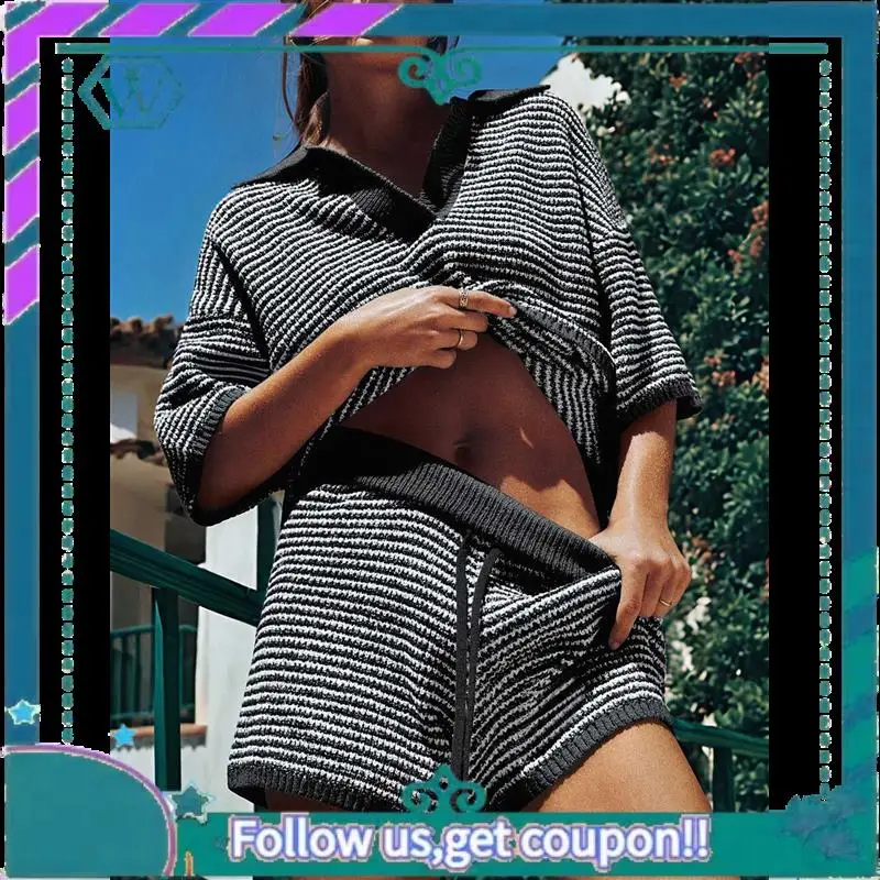 

A09P Womens 2 Piece Outfits Oversized 3/4 Sleeve V Neck Knit Tops High Waisted Shorts Lounge Sets