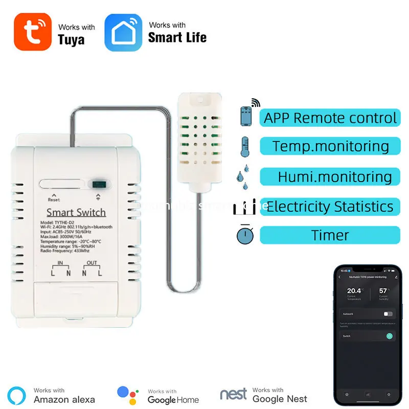 

Tuya Smart TH16 3000W 16A WiFi Switch Wireless Thermostat Temperature and Humidity Monitoring with Energy Consumption Monitoring