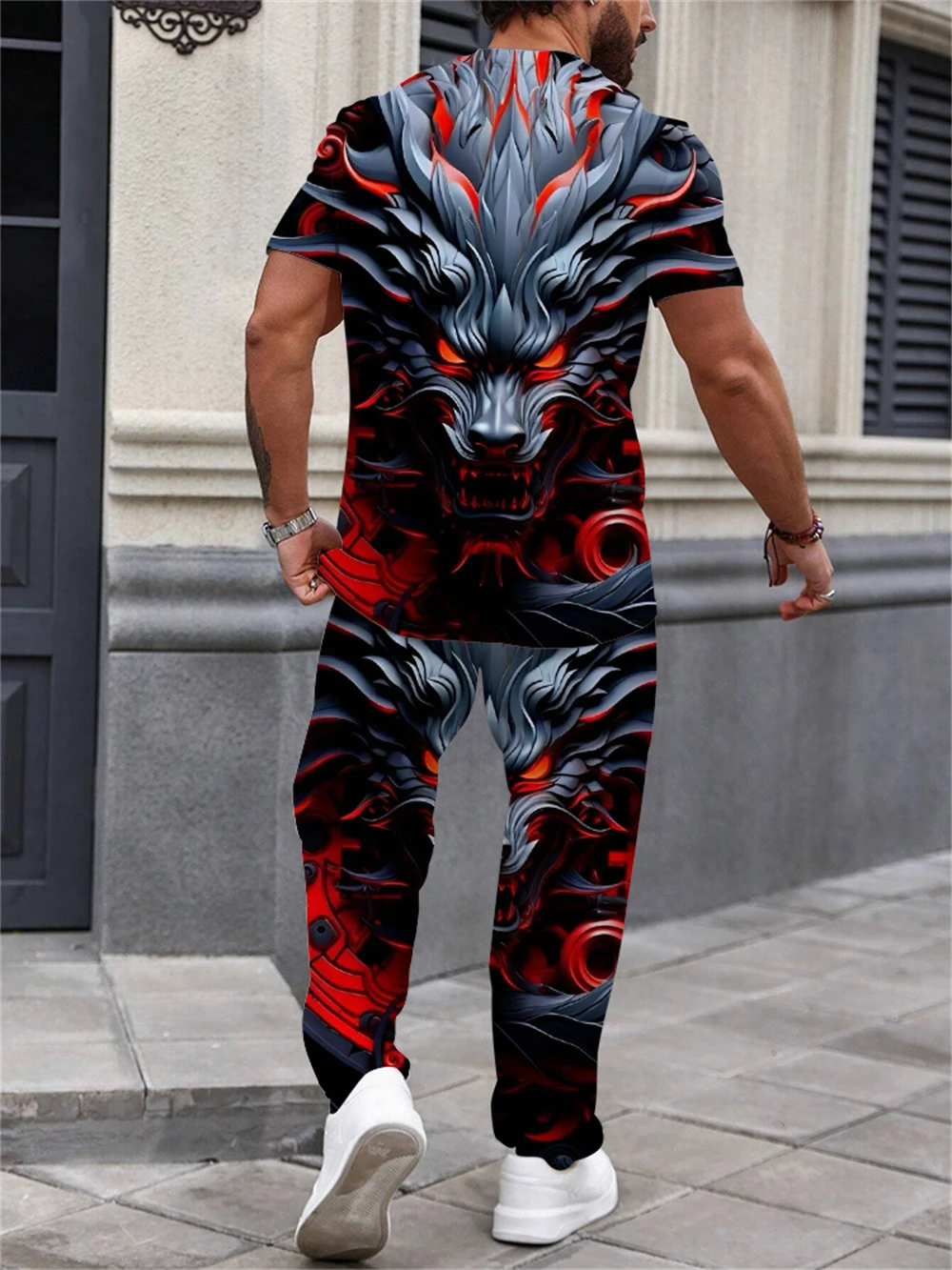 Men\'s Summer Casual T-shirt Short Sleeve Trousers Two-piece Coiling Dragon Flame Print Set Personalized Men\'s Fashion Clothing