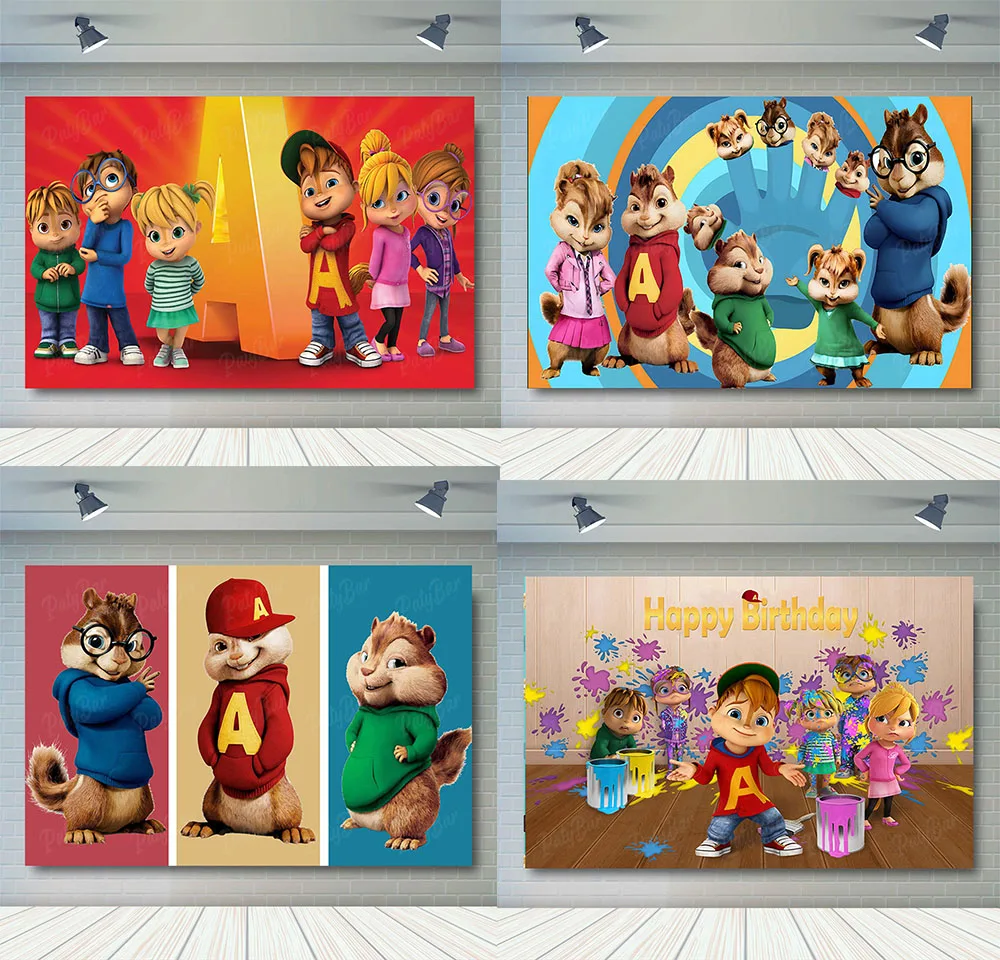 Disney Alvin and Chipmunks Simon Theodore Backdrop for Kids Birthday Photo Background Polyester Vinyl Decor Studios Props