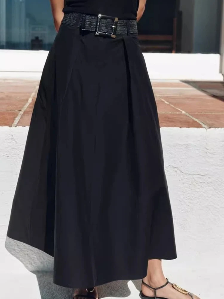 Spring 2026 High Waist Black Midi Skirt Women's New Arrival with Belt Layered Decorations A-Line Half-length Cotton Dress