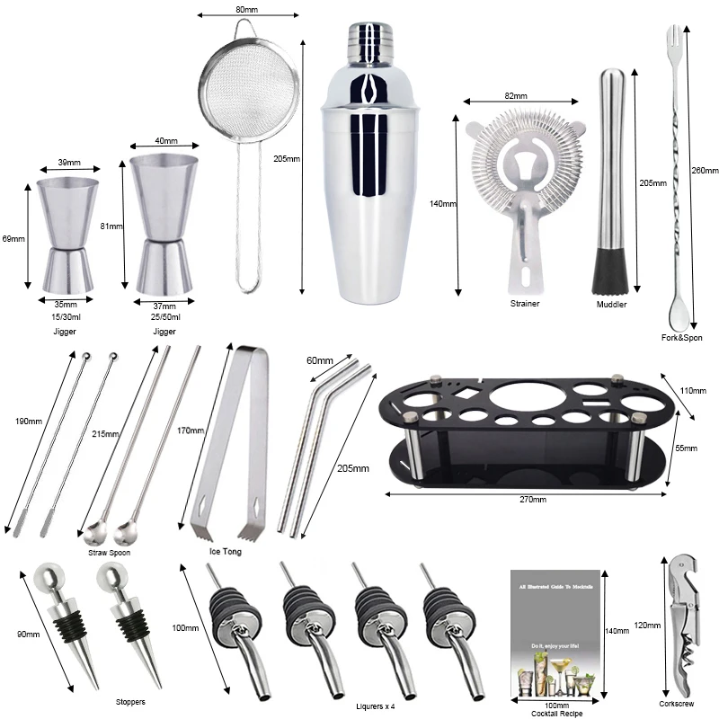 22Pcs 750ml 550ml Boston Cocktail Shaker Bar Tools Wine Mixer Set Bartender Cocktail Shaker Tool Kit with Holder