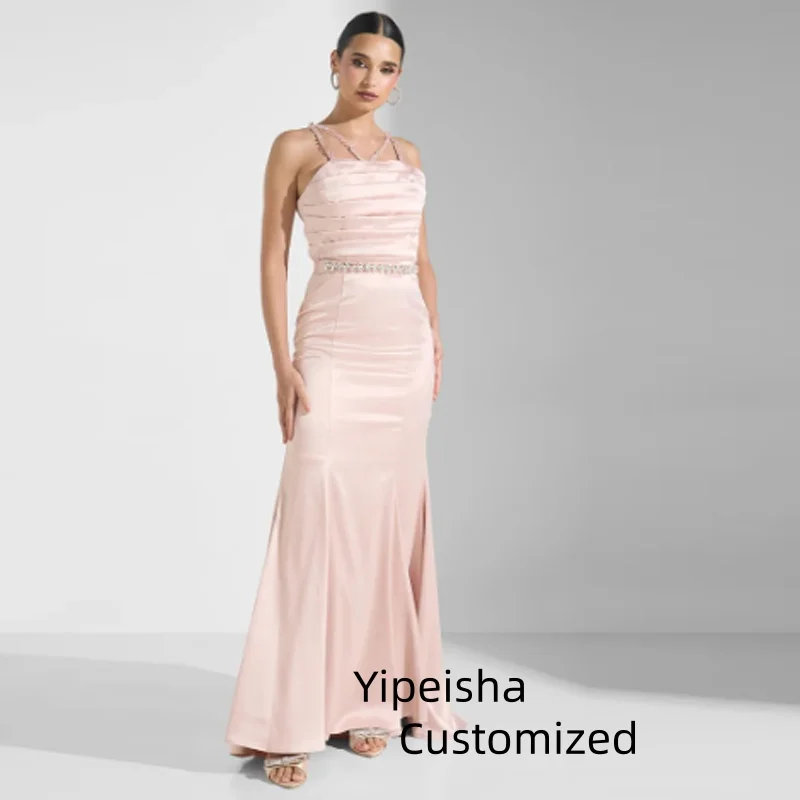 

Customized Sweet Pink Boat Neck straps Mermaid Evening Dress Satin Beaded Embroidered Neck Pleated Formal Prom Gowns Vestido