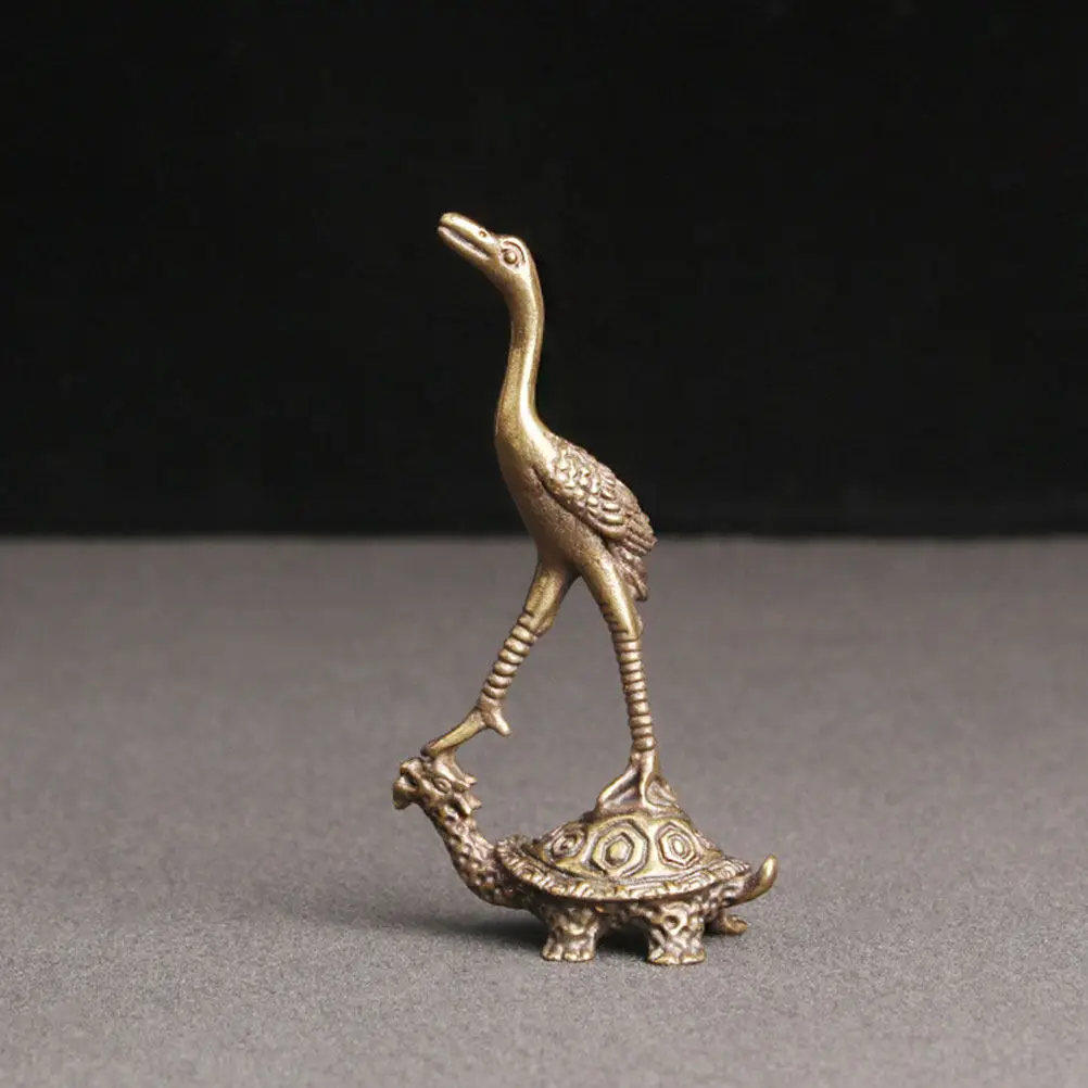 Retro Brass Turtle Crane Statue Small Creative Desktop Decor Office Home Tabletop Ornament Tea Pet Adornment Vintage Animal view 3