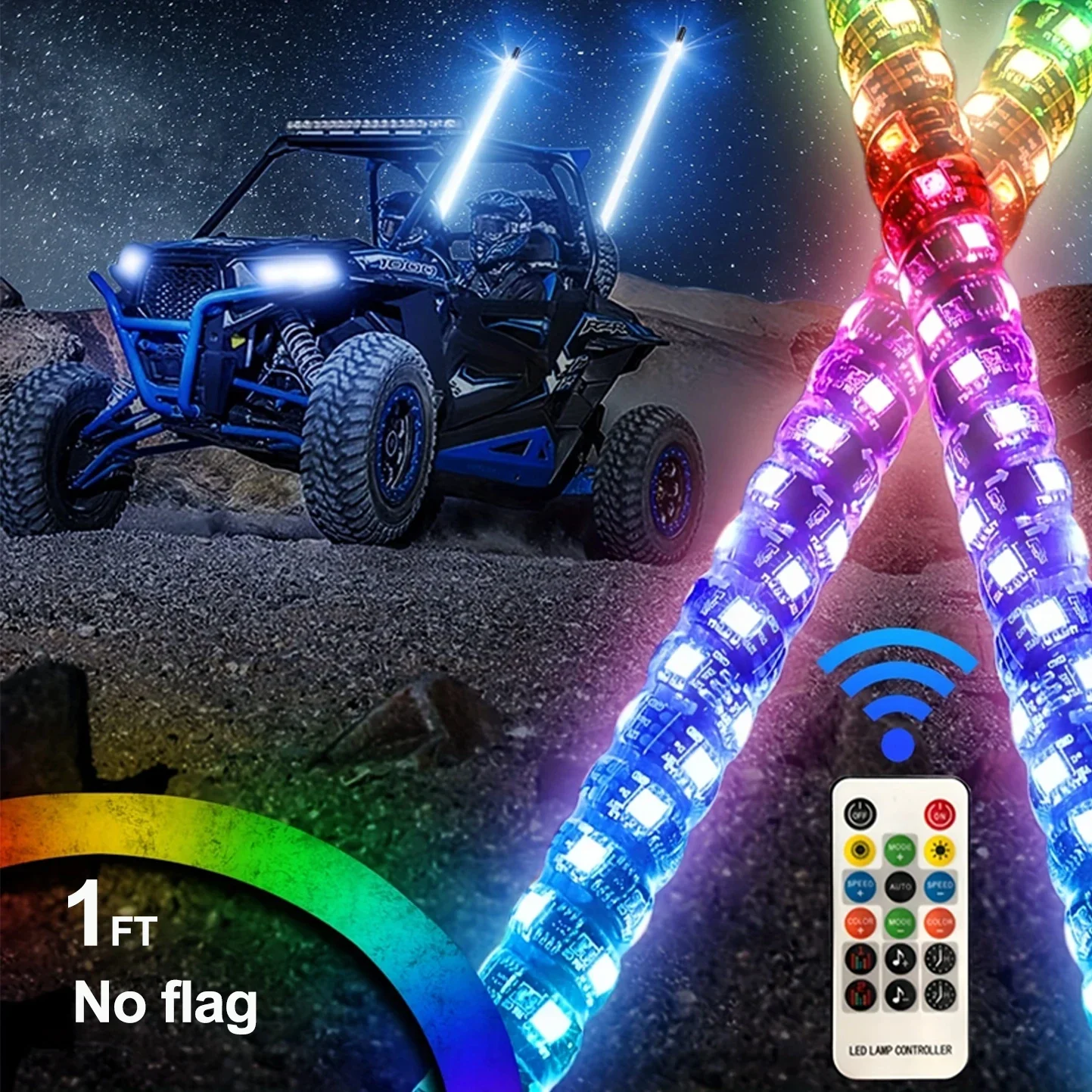 1FT LED Whip Lights with Remote Control and APP Chase Lighted Led Whips Light for UTV, ATV RZR Can-Am SXS Polaris Off-Road Truck