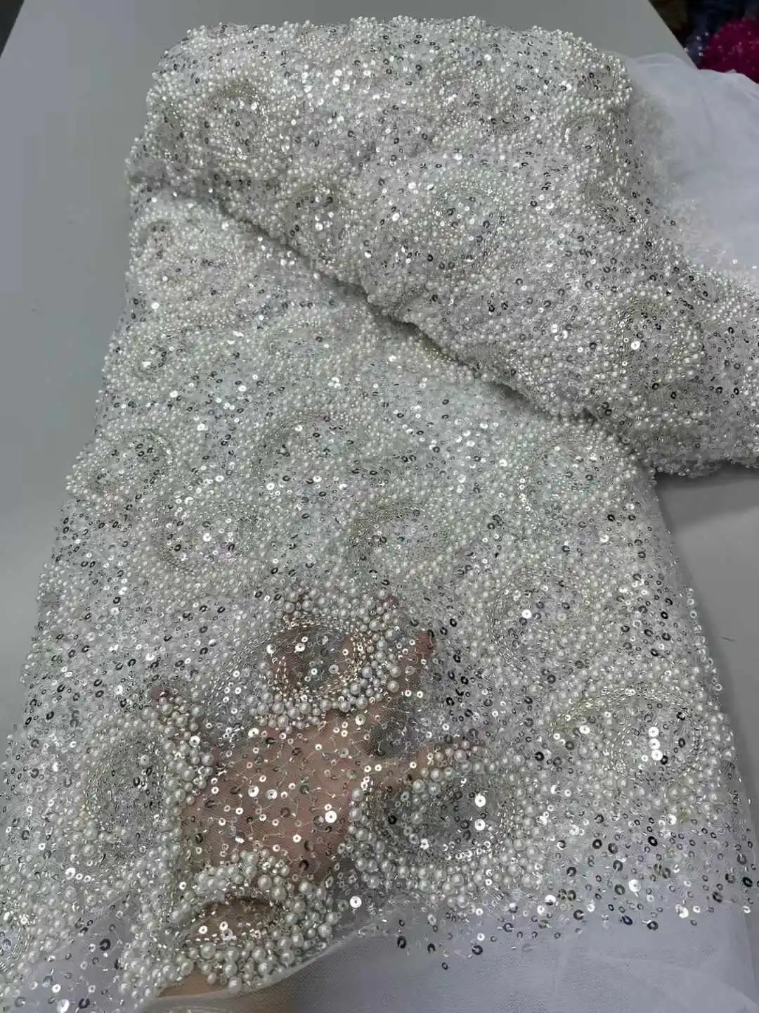 

2025 Hot Sale Handmade pearl Embroidery Net Lace Beads Sequins Fabric For Women Party Evening Dress Africa Design,High Quality