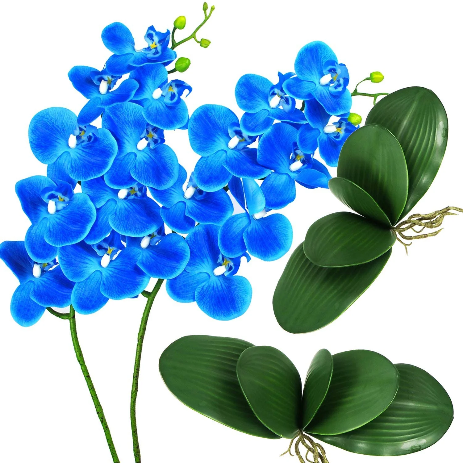 Artificial Flowers 2pcs Orchids Stems and 2pcs Fake Orchid Leaves For Wedding Festive Party Home Office Decoration (Blue)