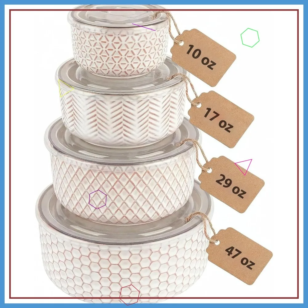 

Набор керамических мисок-нестерингов (4 шт.) с крышками, с рельефным узором, для микроволновой печи и посудомоечной машины, штабелируемые, для кухни и в подарок