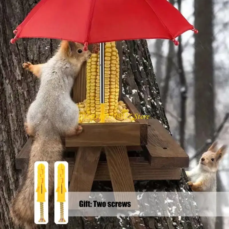

C4DF Fun Family Wildlife Feeders Wooden Corn Cobs Holder Pet Dining Table with Benches for Yard Enjoyment Observation
