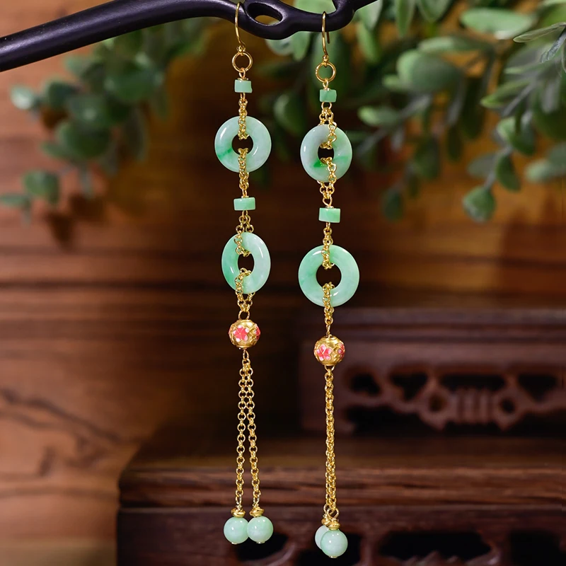 Pure Natural Jade Peace Buckle Earrings Donut Long Tassel Earring Design Suitable for A Variety of Face Shapes