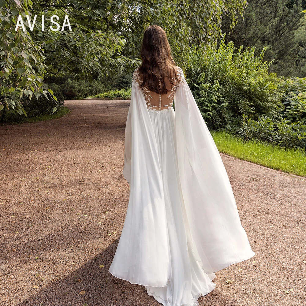 Vestidos De Novia De línea a con cuello redondo, manga corta, gasa, apliques en la espalda, largo hasta el suelo