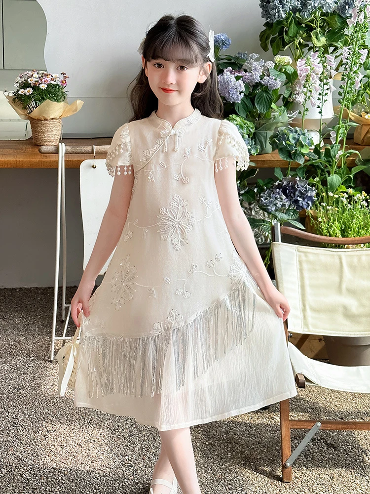 

Girls' Dress2026New Chinese-style summer dress for older children, improved cheongsam, children's summer Chinese princess dress