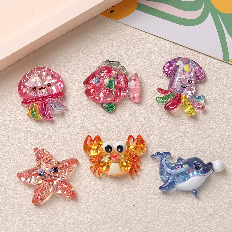 10/100pcs Cute Cartoon Shiny Ocean Dolphin Octopus Crab Flat Back Resin Scrapbooking DIY Handmade Decoration Accessories