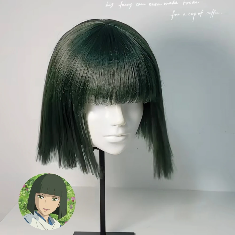 Haku Cosplay Wig Dark Green Straight Hair Simulated Scalp Top Heat Resistant Synthetic Fiber Wig Rose Net for Halloween Party