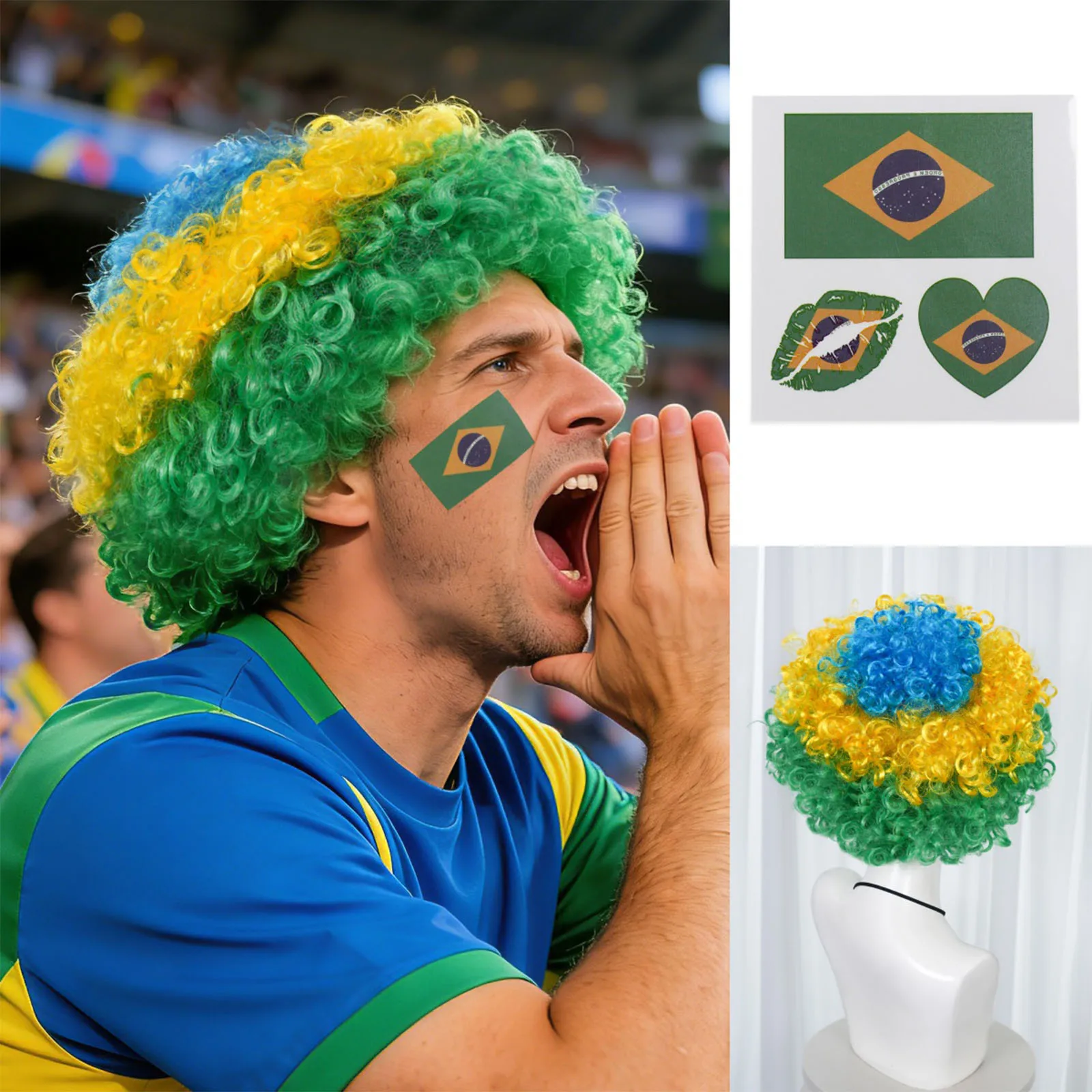 

Brazil Green Yellow Blue Afro Curly Wig With Face Stickers Football Fan Sports Party Cosplay Wig Synthetic Wig