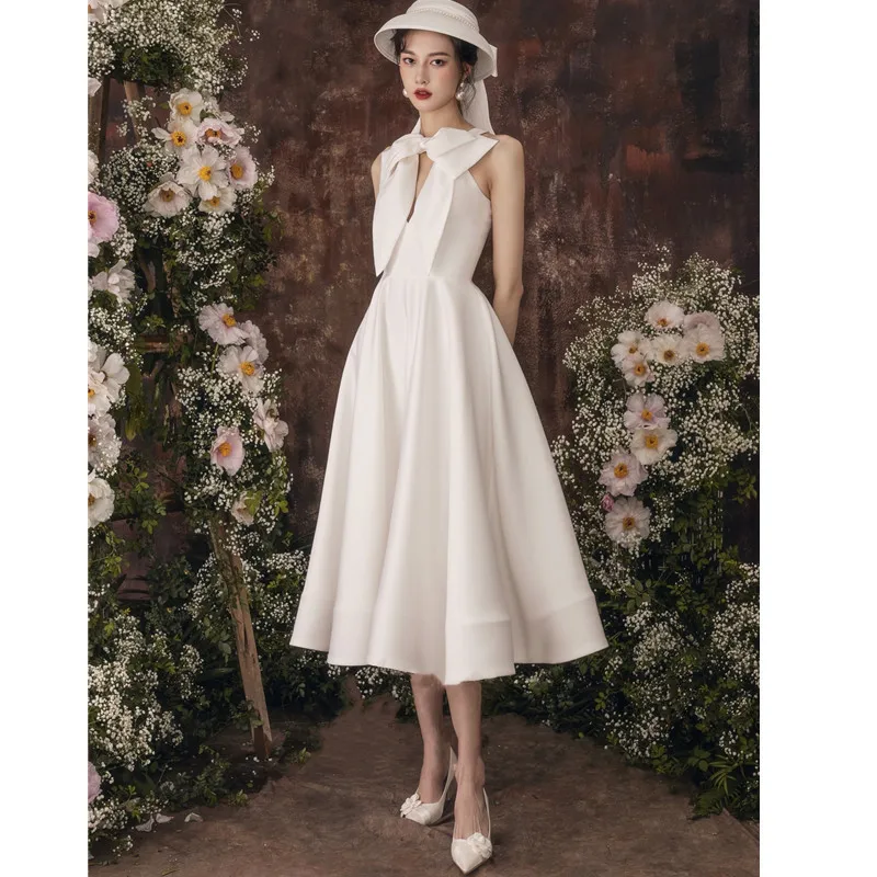 Satin French light wedding dress 2025 new license simple white small dress can usually wear dresses women