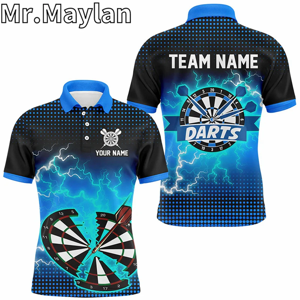 3D Funny Blue Crack Dartboard Thunder Lightning 3D Custom Men Darts Polo Shirts Darts Team Jersey Gifts For Darts Lovers Unisex