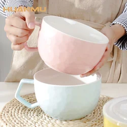 Macaron Color Ceramic Big Mug 1000ml Bowl with Lid Student Lunch Box Office Microwave Oven Available Cups Coffee Milk Breakfast