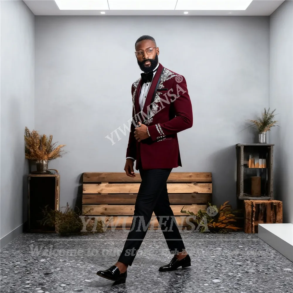 

Мужской костюм с серебряными кристаллами и бисером на свадьбу, черный пиджак с лацканами, брюки, комплекты из 2 предметов, смокинги для жениха, мужской пиджак на заказ, наряды