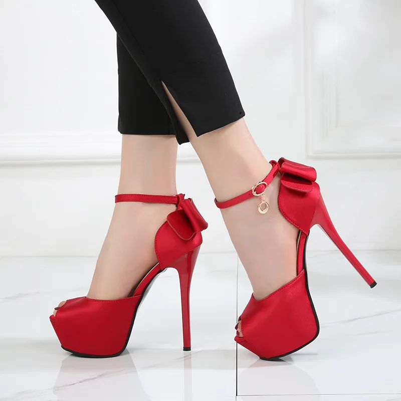 

2026 Women's Red Wedding Shoes Open Toe Satin Back Bow Ankle Strap Platform Stiletto Heels Party Evening Sandals Q-361