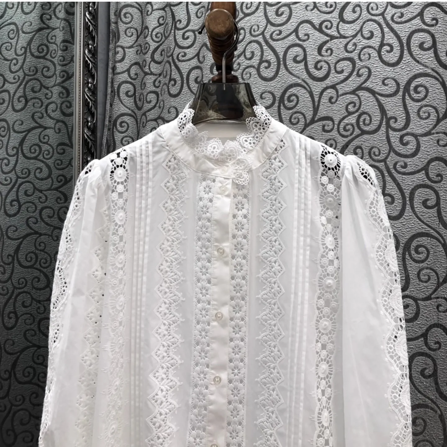 100%Cotton Blouse Shirts 2026 Spring Style Women Allover Crochet Lace Embroidery Long Sleeve Vintage White Button Shirts