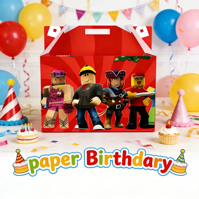 Boîtes en papier à thème Roblox, décorations de table jetables, biscuits, chocolats, en-cas pour les fournitures de fête d'anniversaire