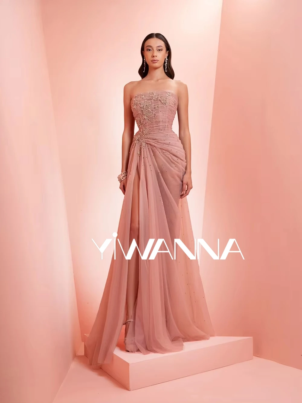 

Pink Pearls Beads Tulle Long Evening Dress Sexy Illusion High Slit Wedding Party Gown New Customized Gorgeous Prom Dresses