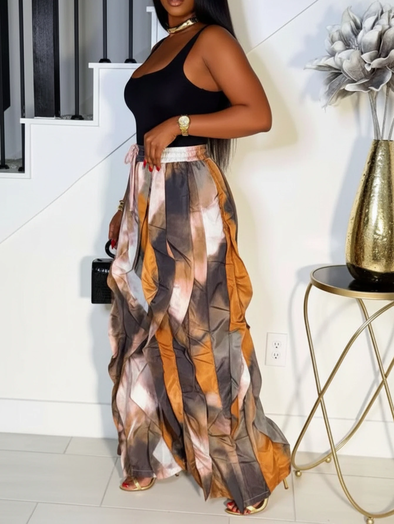 Women's Sleeveless Scoop Neck Cami Top Matching Abstract Print Ruffle Long Pants For Daily Street Brunch Casual Occasions