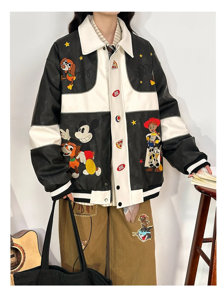 2025 الشتاء الرجعية الكرتون التطريز كتلة اللون سميكة بلوزات سترة بولي Leather الجلود بدوره إلى أسفل طوق معطف مبطّن بالقطن #2