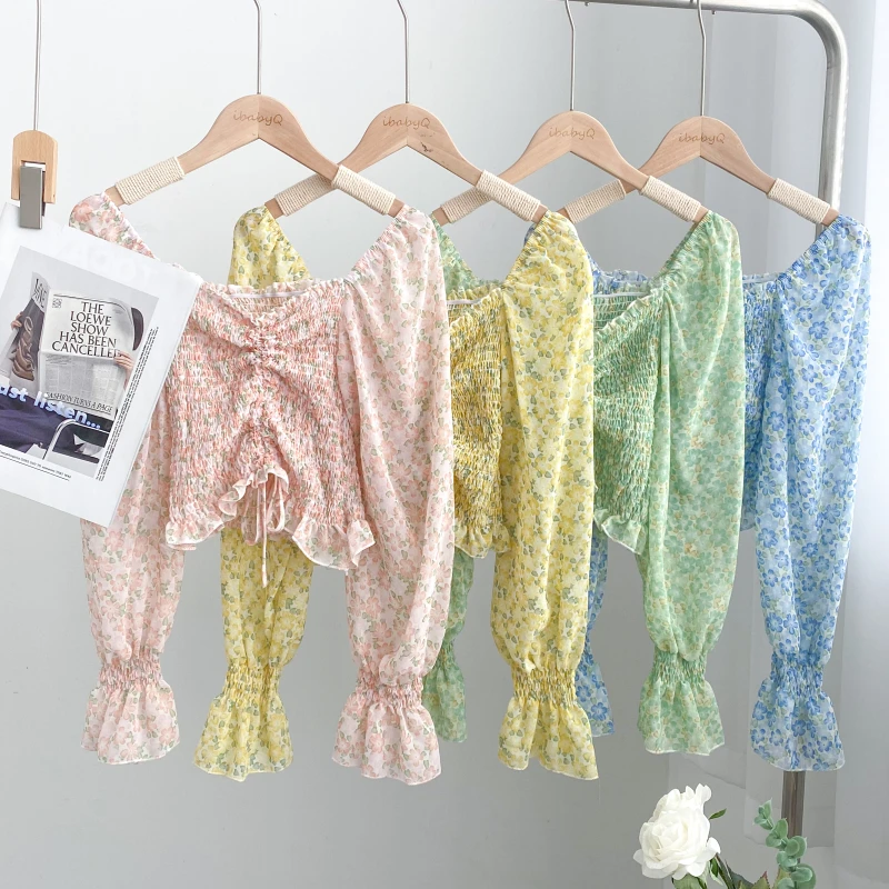 

Женская шифоновая блузка с цветочным принтом, универсальная облегающая блузка с V-образным вырезом и длинным рукавом, весна-лето 2022