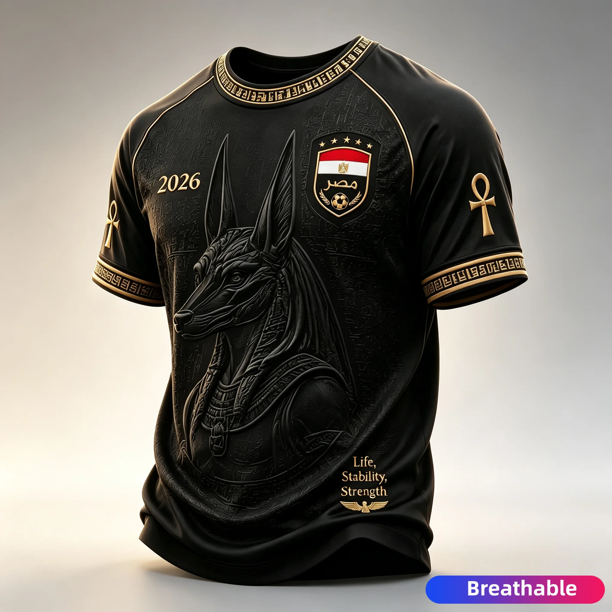 2026 Men Egypt National Team Raglan Football Shirt Full Ancient Egyptian Relief Jacquard Quick Dry Breathable Fan Sport Jersey