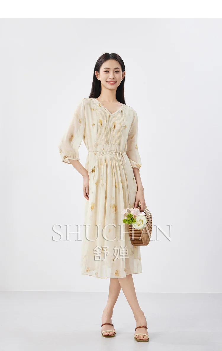 

2024 Summer New High Quality Tucker Pleated Regular Pleated V-neck Printed Lace Up Dress 100% Natural Silk Vestidos De Mujer