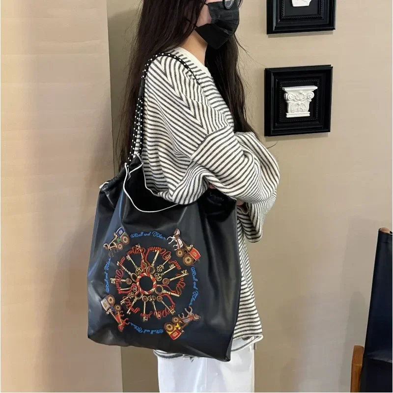 Kawaii Ball Chain PU Canvas Bag Black Carriage Cartoon Series Foldable Girls' Large Capacity Oxford Shoulder Embroidered Nylon