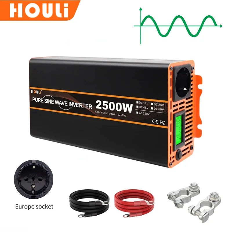 Pure Sine Wave 1600w  2500w Korean Style Inverter 12V 24V 48V To 220V Korean Type Power Converter EU Socket Transformer