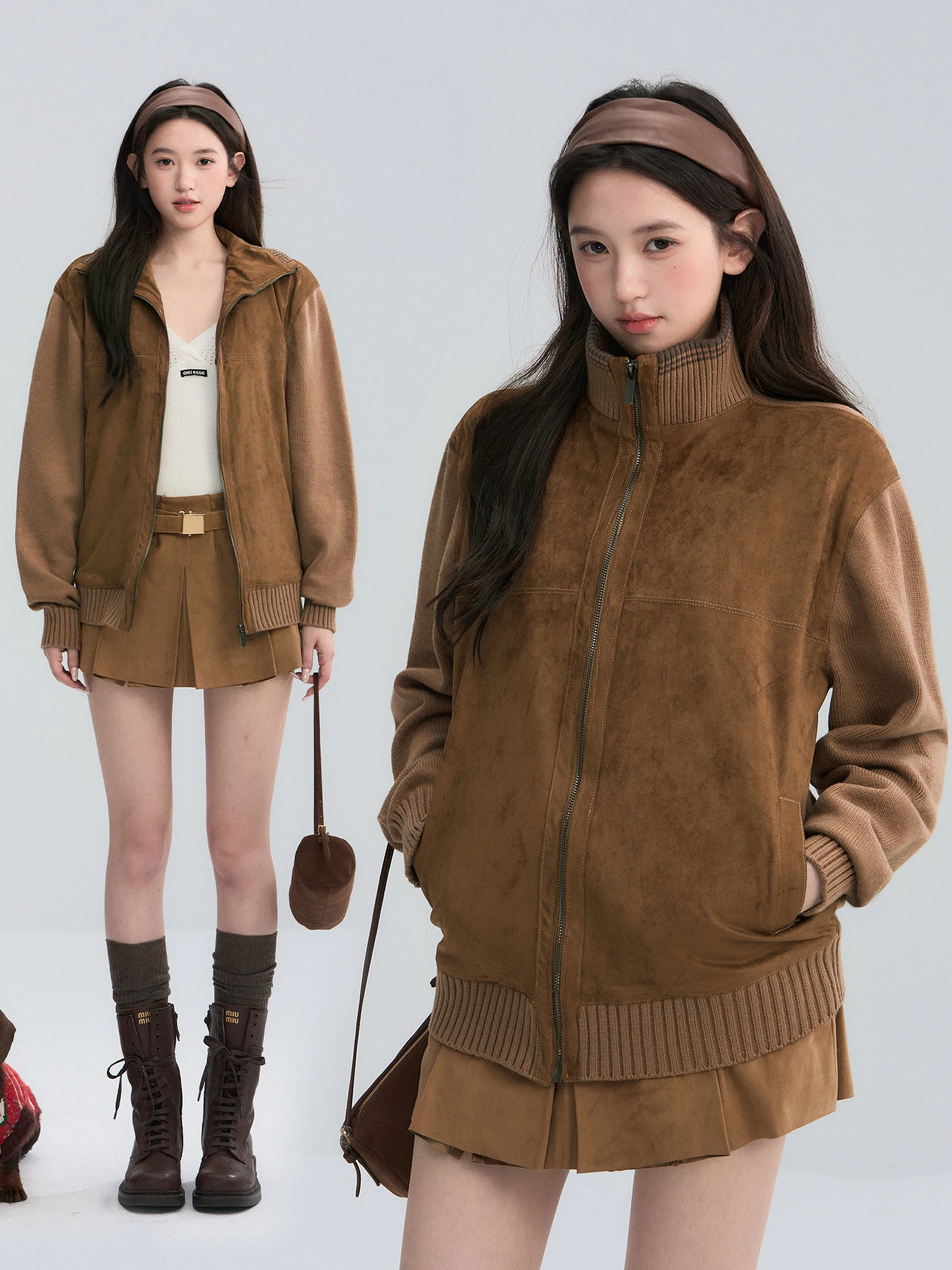 

OIOI E осенне-зимний комплект в стиле ретро с джатом и плиссированной юбкой, женская замшевая лоскутная верхняя одежда с высокой талией, повседневная одежда