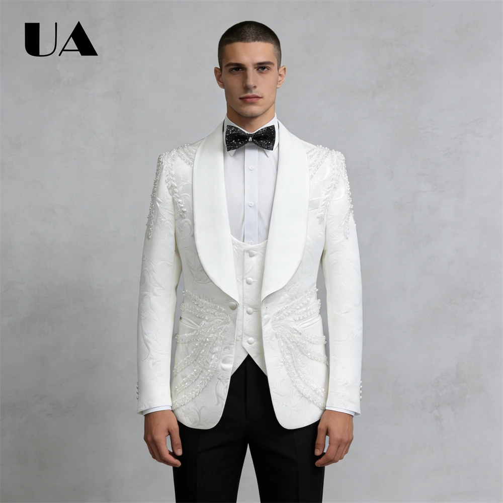 Luxury Men's 3-Piece Suit Set (Jacket Vest Pants) Party Prom Suit Attire One Button Beaded Suit Blazer Wedding Groom Suits