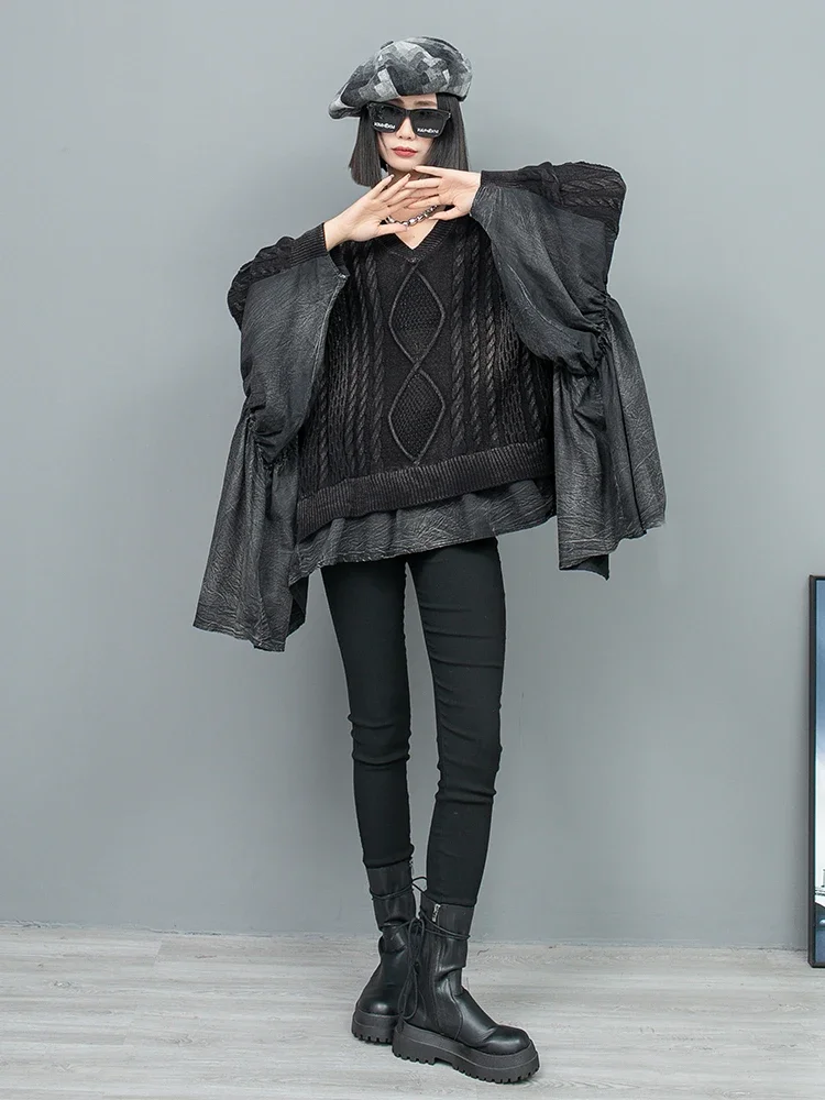 Spring Autumn New Fried Dough Twists Knit Splice Ruffles Loose Bat Sleeve V-Neck Long Sleeve Pullover Sweater Women LX150