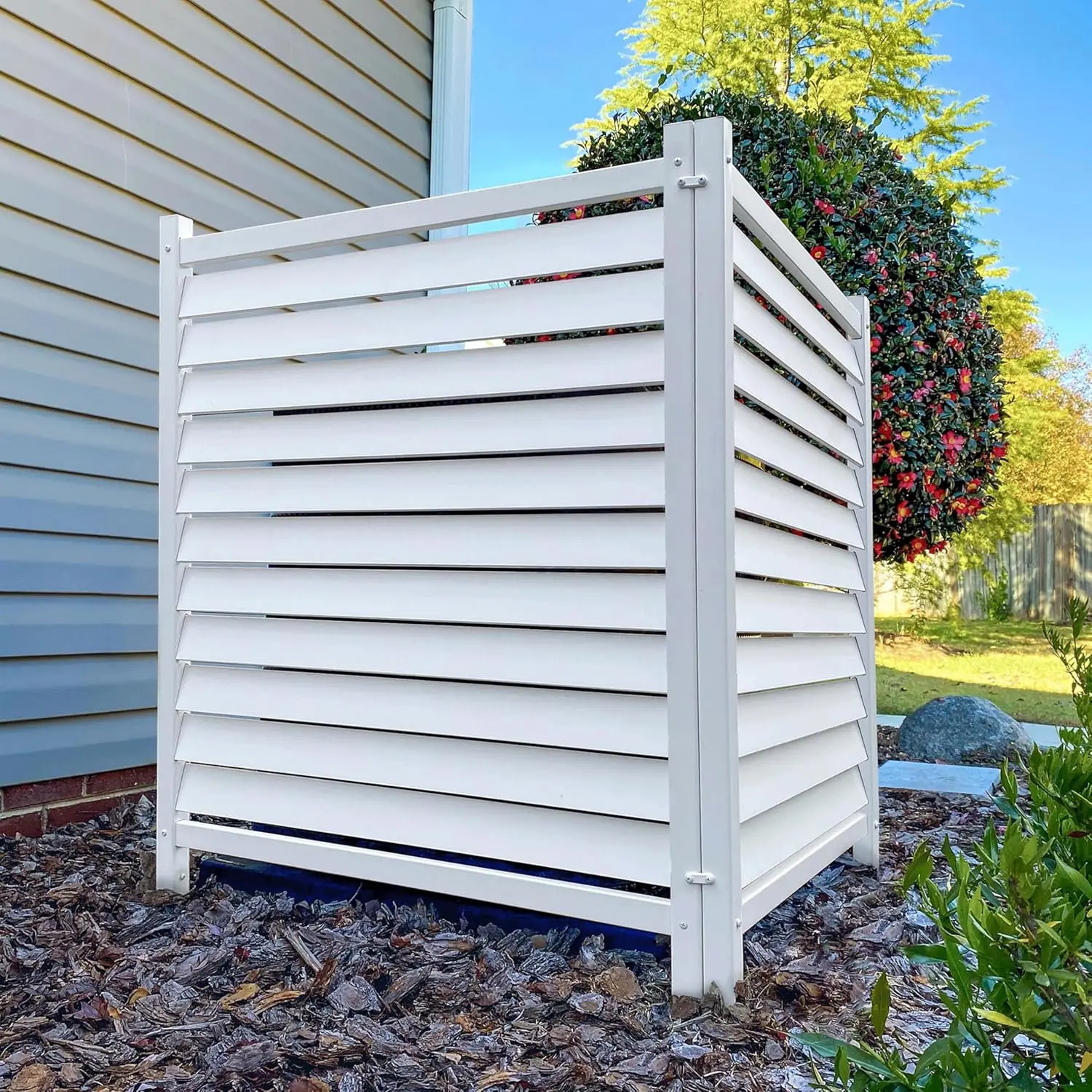 

44in H x 36in W No Dig Privacy Screen, 2 Panels, White Vinyl, Outdoor Fence for Trash Can, AC, Pool Equipment