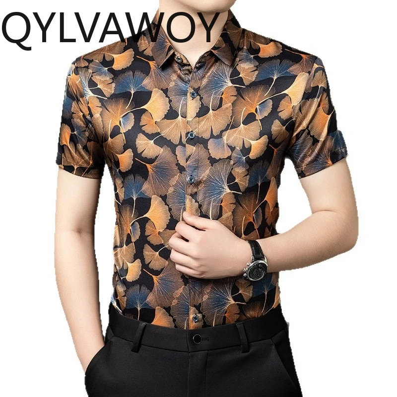 

QYLVAWOY 92.5% Mulberry Silk Shirts Tops 2025 New Men's Shirts Short Sleeves Shirts for Man Thin Floral Shirt Camisas Masculina