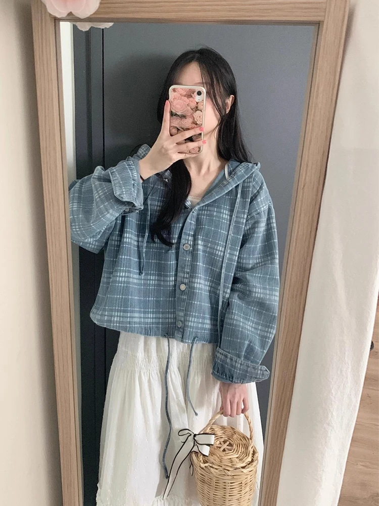 Chic Autumnal Plaid ort Denim Jaet Women's Casual Versatile Loose Fit Dstring Hooded Coat Commuter Sle Faionable