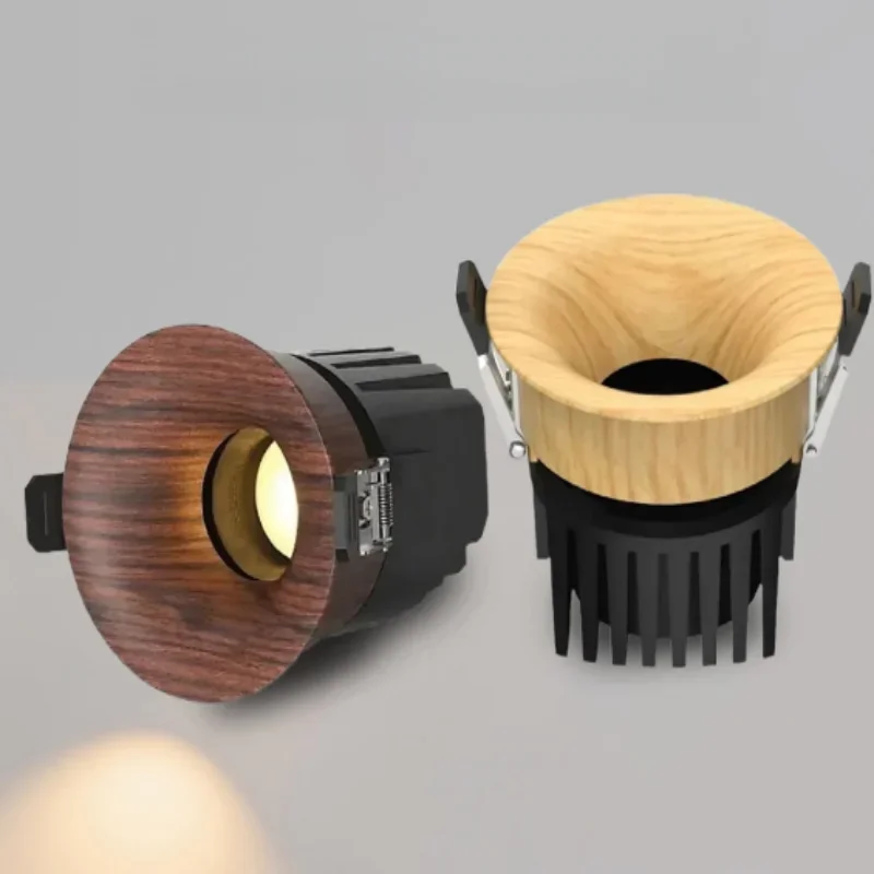 Retro built-in medieval-style downlight with a natural wood tone, with an invisible and borderless walnut wood design