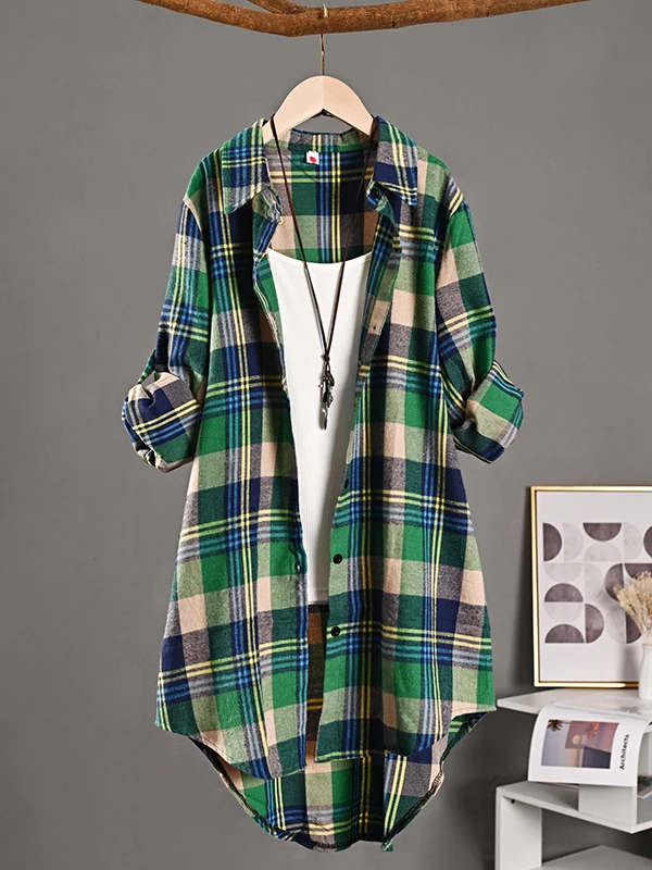 Dames Katoen Linnen irt Long Sve Plaid Bovenkleding Lente Zomer Lichtgewicht Zonwering Middellange Vintage Sle