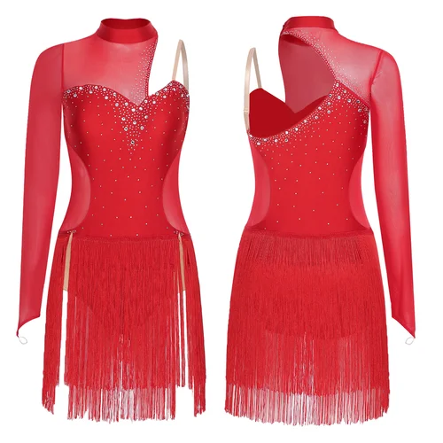 Imagen 2 del producto Traje de baile de Tango latino con diamantes de imitación para mujer, vestido asimétrico de malla con flecos y espalda recortada, Ropa de baile para patinaje Lyrical Cha-cha para adultos