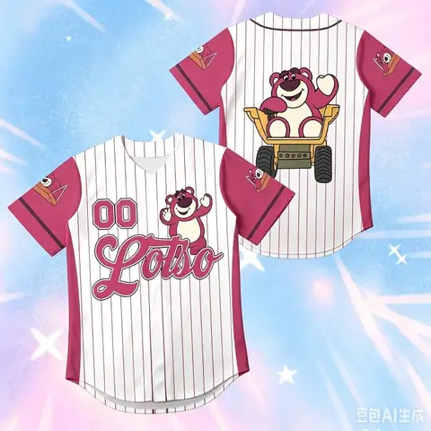 2026 Children Lotso Strawberry Bear Baseball Jersey Toy Story Cartoon Print Striped T Shirt Unisex Y2K Streetwear Couple Tops