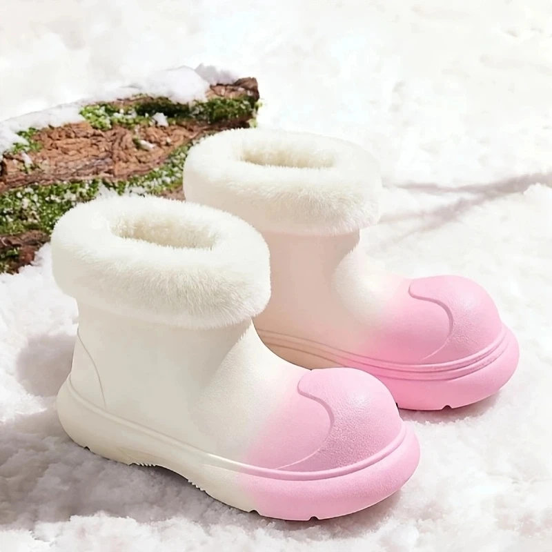 Kawaii Gradient Color Plush Collar EVA Winter Boots Ladies Waterproof Fleece Lined Soft Cushion Thick Sole Anti Slip Short Ankle