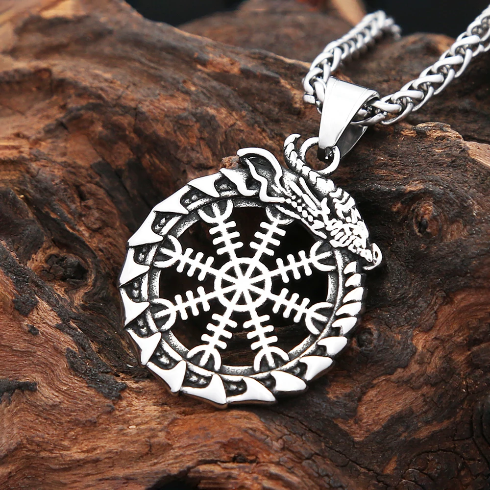Vintage Vikings Dragon Ouroboros Pendant Necklaces For Men Stainless Steel Nordic Viking Compass Necklace Fashion Amulet Jewelry