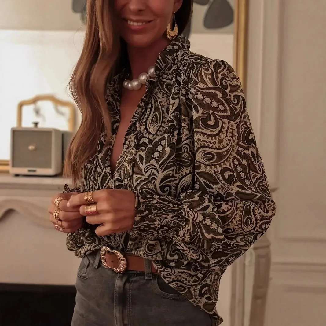 

2025 Women's Fashion Retro Print Long Sleeve Loose Shirt Women's Blouse
